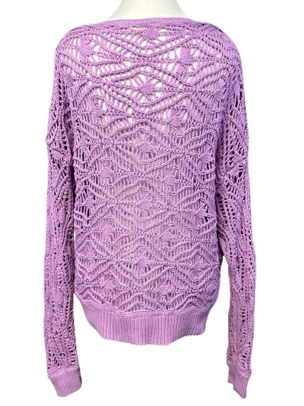 Elan Anthropologie L Crochet Open Knit Sweater Purple Asymmetrical Boho Grunge